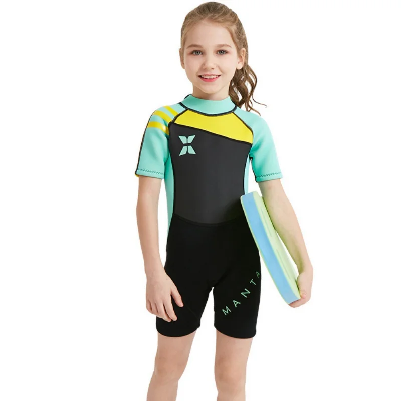 Детские купальники для девочек, сохраняющие тепло, с защитой от ультрафиолетовых лучей, сиамский теплый купальник с короткими рукавами, неопреновый костюм для дайвинга Детский Гидрокостюм