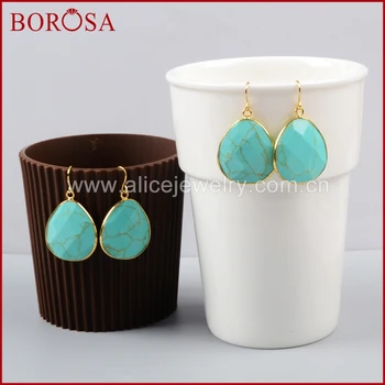 

BOROSA Design 5Pair Druzy Jewelry Gold Color Drop Howlite Greenish Sky Blue Stone Faceted Slice Dangle Earring For Women G1001