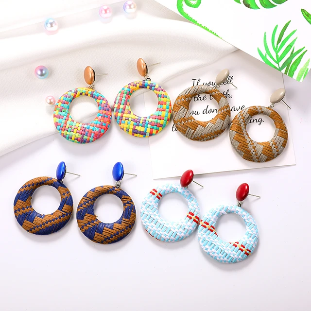 Brincos de argola redondos de rattan boho, bijuteria colorida artesanal e  da moda, para mulheres - AliExpress