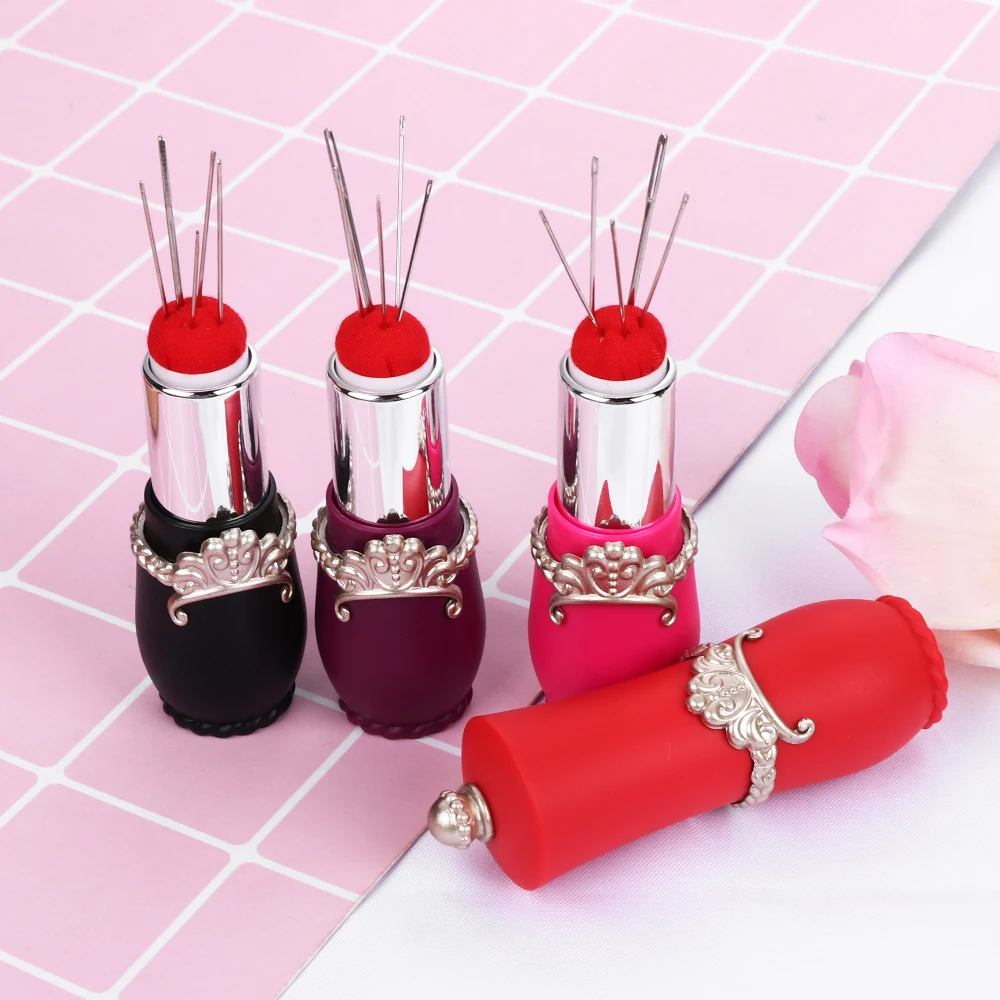 

1PC New Craft Lipstick Shaped Needles Pin Cushion With 5 Sewing Needles Pincushion Rotatable Needle Holder Sewing Tool