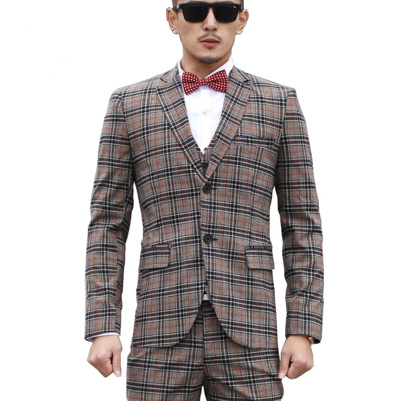 2016 mens clothing gray plaid suit 3 piece suit + vest + trousers