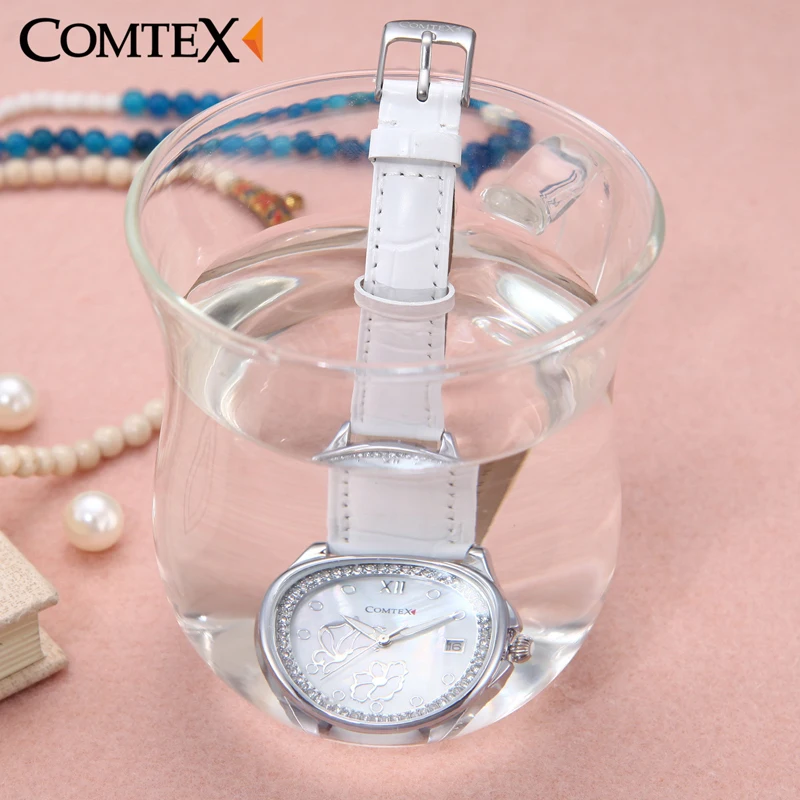 Comtex Для женщин часы жемчужно белый циферблат кожаный ремешок наручные бабочка