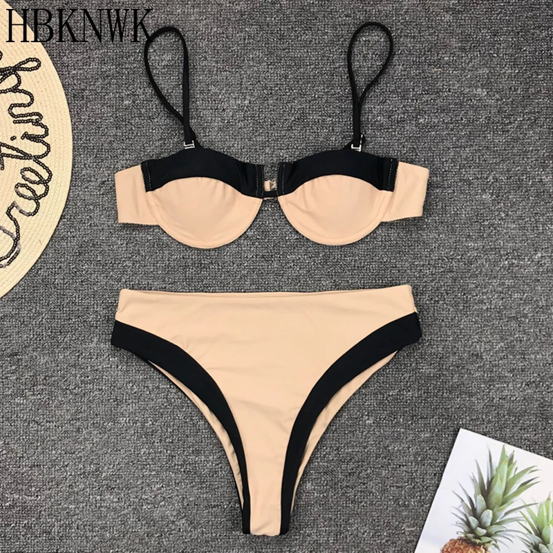 

HBKNWK Underwired High Waist Bikini Set 2019 Women Sexy Retro Splice Push Up Swimwear Two pieces Bikinis Set Bather Bathing Suit