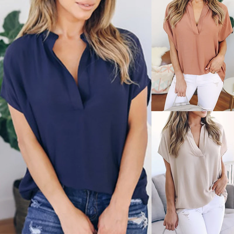 

Casual Women V-neck Blouse Fashion Solid Short Sleeve Tops Summer Loose Chiffon Blouses