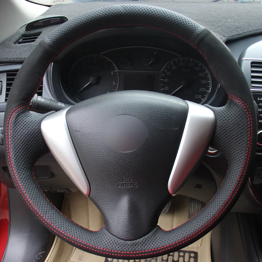 Black Natural Leather Black Suede Car Steering Wheel Cover for Nissan