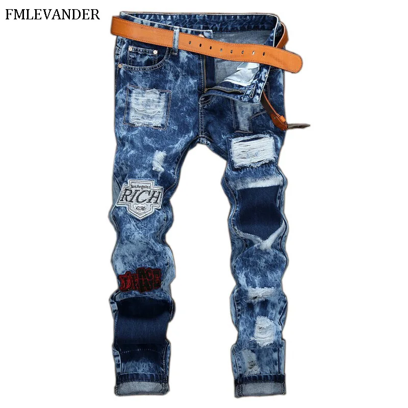 

High Quality Vintage Washed Hole Ripped Jeans Straight Pants Stretch Denim Causal Men Jeans