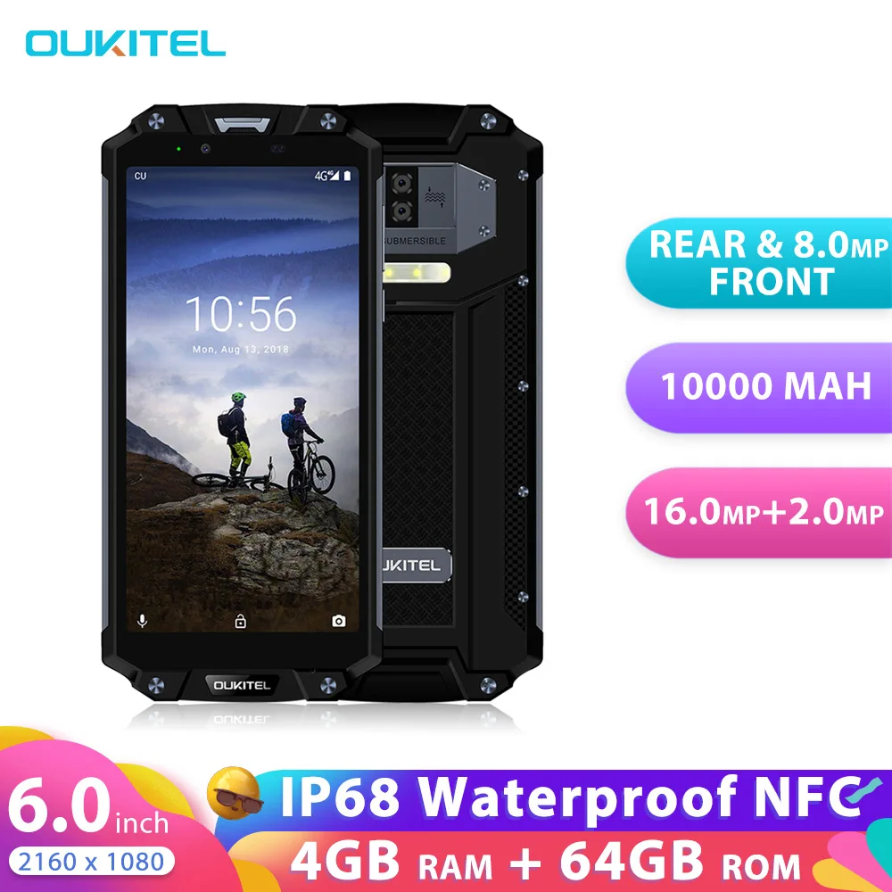 OUKITEL WP2 NFC водонепроницаемый 6,0 "18:9 Android 8,0 MT6750T Восьмиядерный 4 Гб ОЗУ 64 Гб ПЗУ 10000 мАч отпечаток пальца Мобильный Телефон IP68 Новый