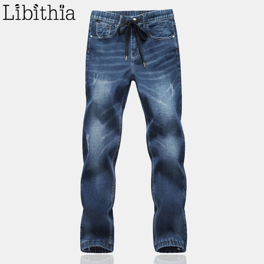 

Men Drawstring Cotton Casual Jeans Mid-waist Pant Zipper Denim Long Stretch Trousers Big Size L-6XL All-season Blue K407