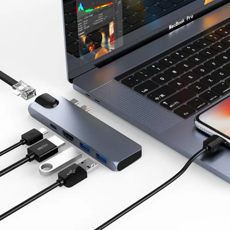 

2019 New style Dual Type c hub With RJ45 4K HD 2 USB 3.0 Adapter For Macbook Pro