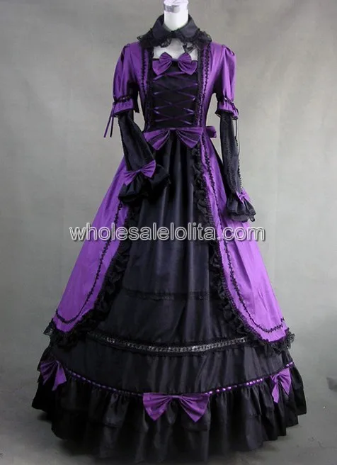 Фиолетовый и черный готический, викторианской эпохи платье с кружевной отделкой - Цвет: purple and black