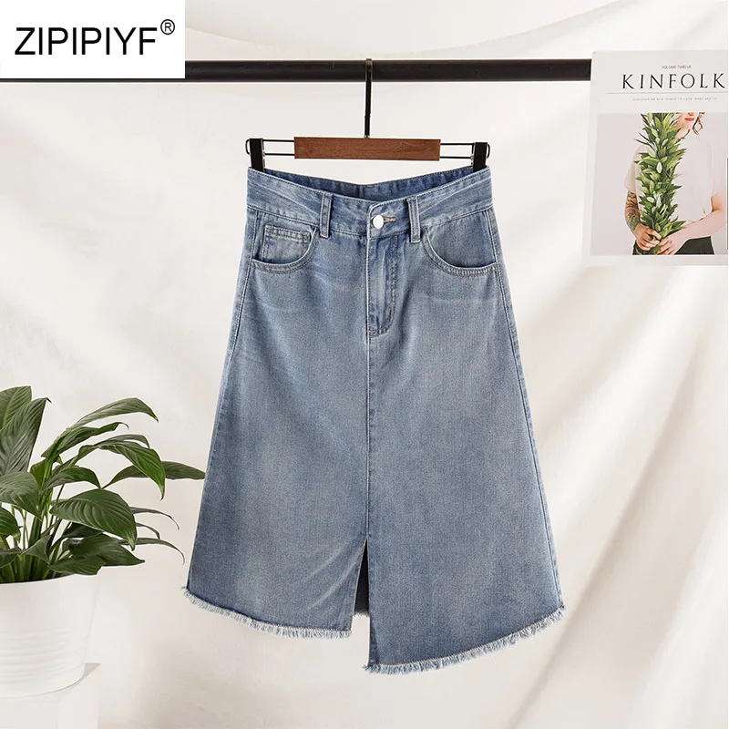 2019 Летняя женская джинсовая юбка неровные края Джинсовые Юбки Женский kneee длина