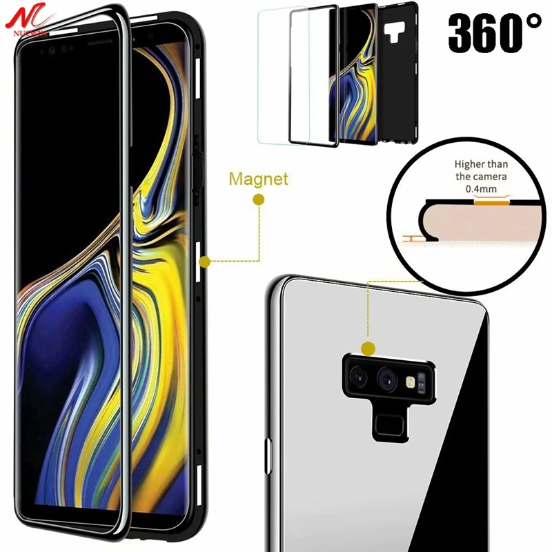 360 Degree + Screen Protector Note 9 Case New Magnetic Adsorption Luxury Magnet Tempered Glass for Samsung Galaxy |