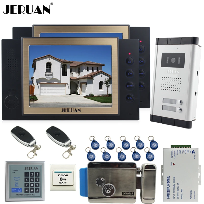 JERUAN Apartment 8`` Video Door Phone Record Intercom System kit 700TVL Camera RFID Access Control 2 Remote Control For 2 House