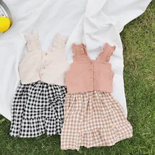 Летние милые однотонные кружевные короткие топы для девочек и клетчатая юбка комплекты из 2 предметов модные комплекты одежды в Корейском стиле