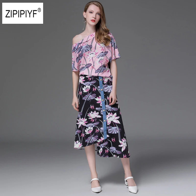 2018 Loose Casual Skirt Sets Ol Sexy 2 Piece Set Fashion Print Slash 