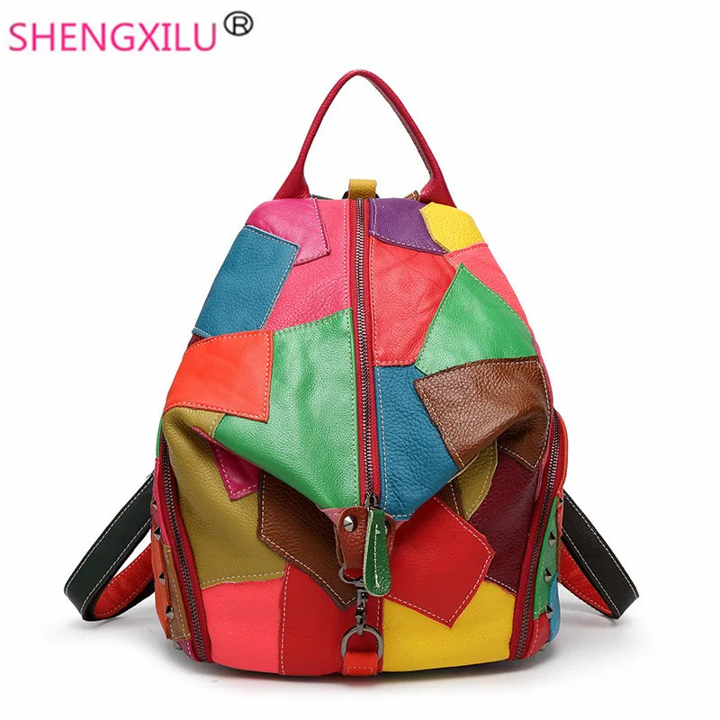 

Shengxilu Patchwork Women Backpacks Korean Candy Color Girls Shoulder Bag Fashion Brand Travel Genuine Leather Women Bags