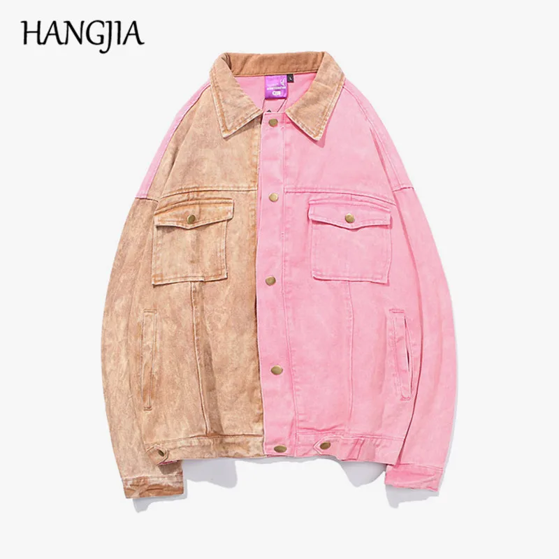 

Mens Pink Denim Jackets Vintage Color Block Hip Hop Coats Streetwear Patchwork Denim Bomber Clothes Fashion Autumn Winter 2018