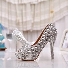 Free Shipping Peep Toe Summer Spring High Heel Wedding Shoes Silver Diamond Platforms Bridal Dress Shoes Women Party Prom Pumps
