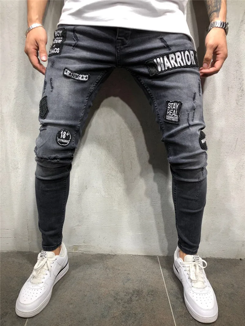Новая мода осень зима мужские рваные джинсы с вышивкой серые хип-хоп облегающие мужские джинсы мужские облегающие мужские джинсы