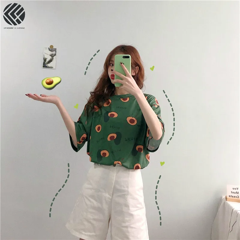 

2019 New Arrival Women Fashion Fruit Avocado Printing Large Size Casual Loose Short Sleeve Round Neck Ulzzang Chic T-Shirts