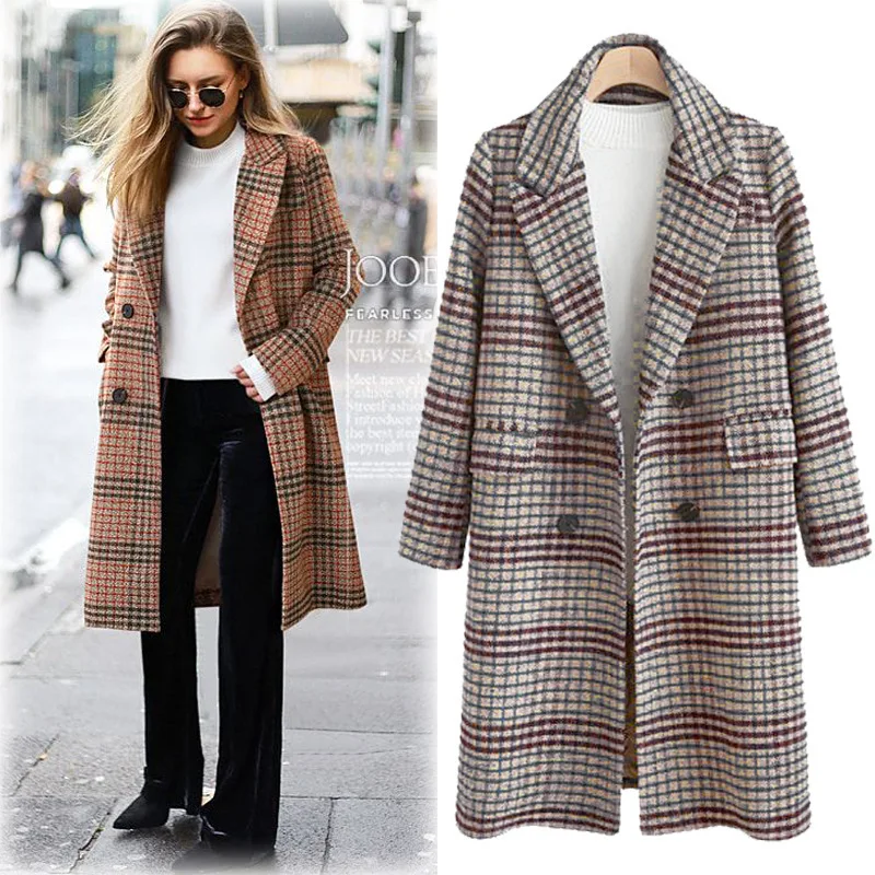 

WSYORE Large Size European Woolen Coat Women 2019 New Autumn and Winter Female Slim Woolen Coat Plaid Long Jacket NS1308