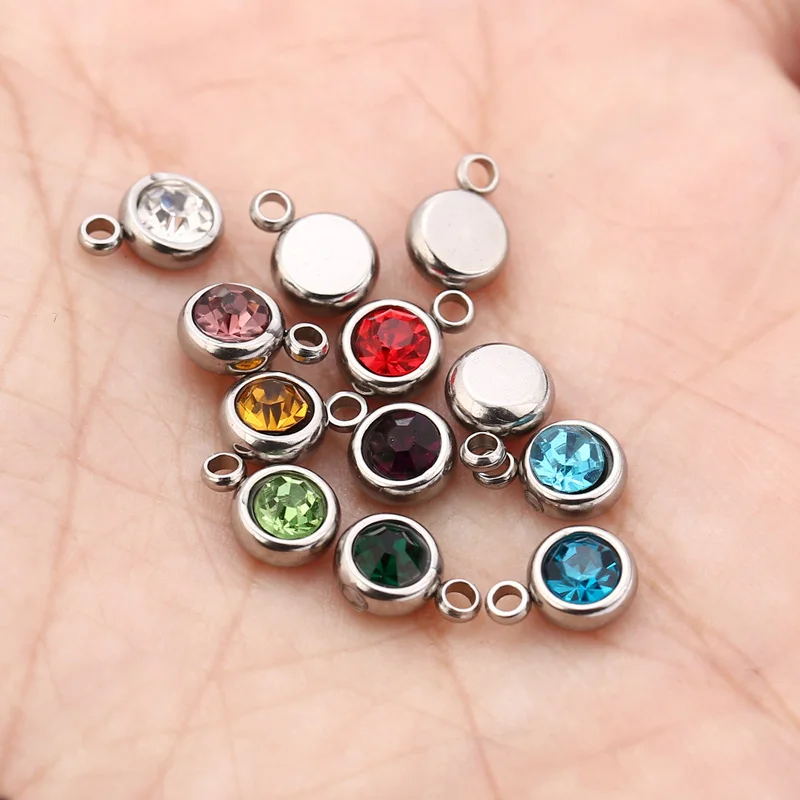 

10pcs Stainless Steel 6mm Width Birthstone Crystal Charm Trendy Pendants Gift Accessories For Necklace Bracelet Jewelry Making