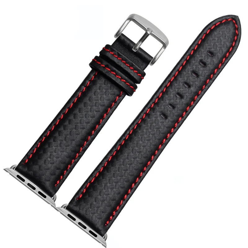 Luxury Strap for Apple watch band 42 mm 38mm Apple watch 4 3 2 1 iWatch band 44mm 40mm Carbon fiber+Leather watchband bracelet - Цвет ремешка: Red-silver