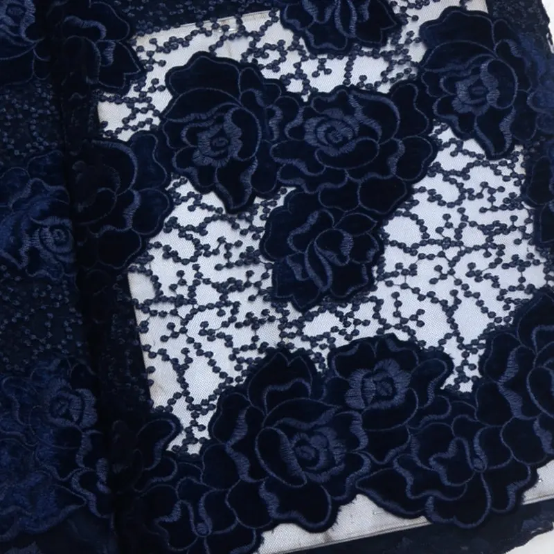 Новейшая африканская кружевная ткань высокое качество вельветовое кружево темно-синяя Роза дизайн гипюр бархат французская Сетка кружевная ткань QG194