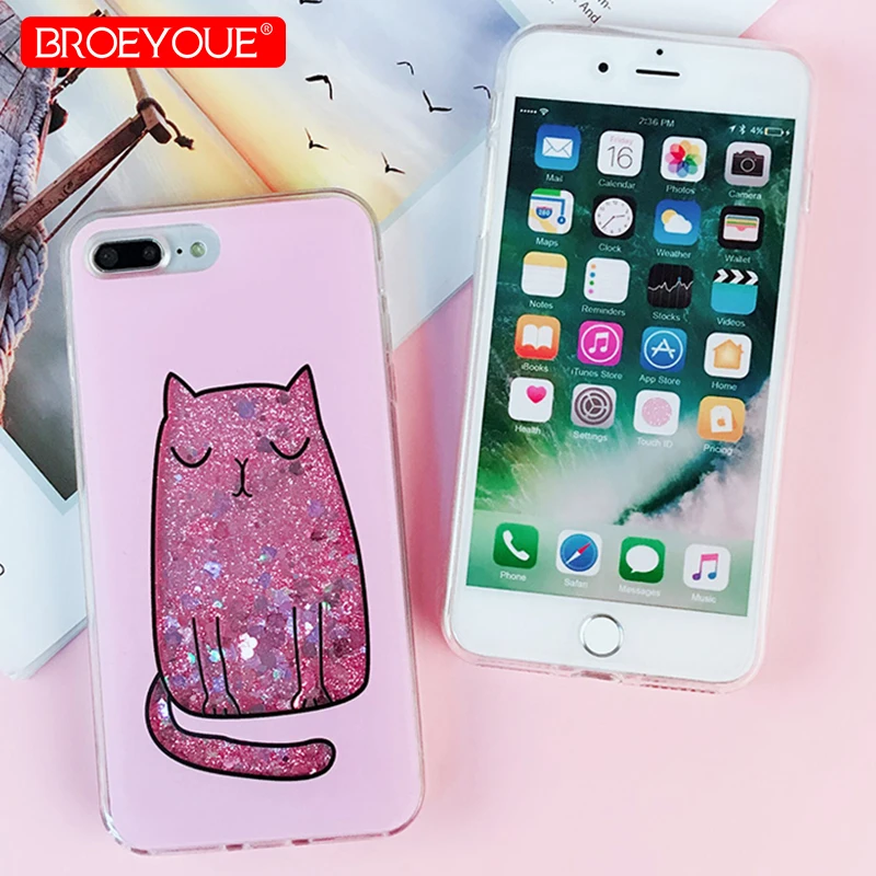 

Cartoon Cats Pattern Case For iPhone X XS Max XR 7 8 6S 6 Plus 5 5S SE Glitter Liquid Cover Transparent Case Shockproof Shell