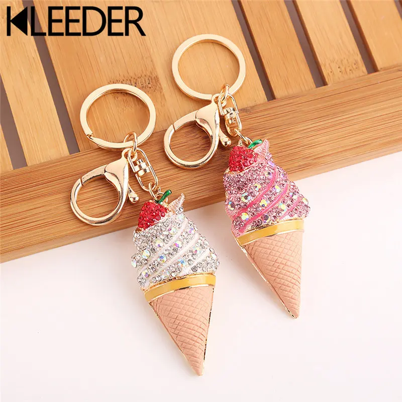 

KLEEDER Crystal Ice Cream Keychain Gold Color Metal Silver Pink Rhinestone Key Chain Ring for Women Girl Christmas Gift chaveiro