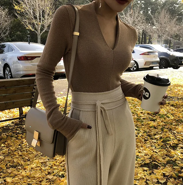 

Spring Sexy Deep v-neck sweater knitted women long-sleeve jumpers pull femme