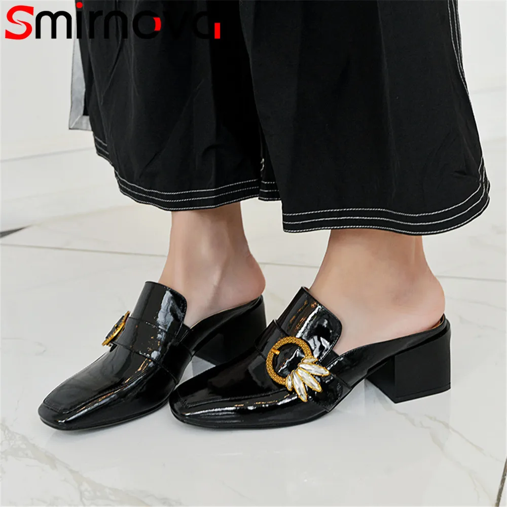 

Smirnova 2018 fashion summer new shoes woman casual mules shoes woman square toe prom shoes genuine leather high heels shoes