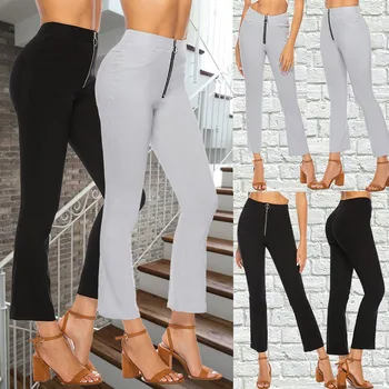 

Spring Autumn Elastic Trousers High Waist Pants Women's Flare Pant Black And Gray Waist Zipper Soft High Street Pants