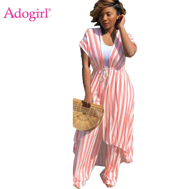 Adogirl Casual Stripe Women Two Piece Set Short Sleeve Front Tie Asymmetrical Cardigan Dress Wide Leg Pants Chiffon Suits Outfit | Женская