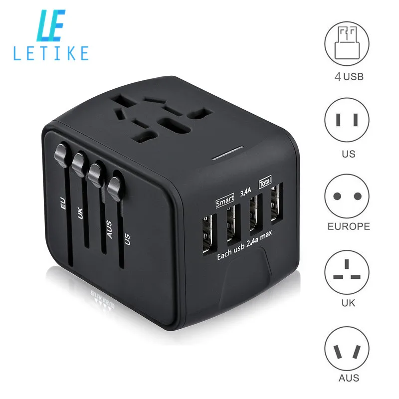 Kopen Letike Travel Adapter Internationale Universele Power Adapter All in one met 3.4A 4 USB Wereldwijd Wall Charger voor UK EU AU Azi euml;