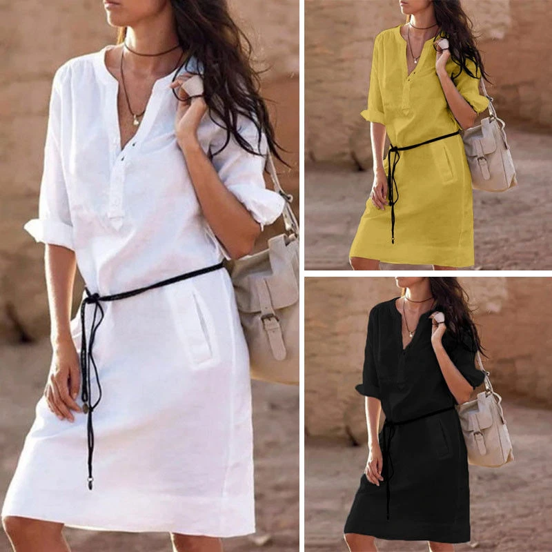 

New Women V Neck Long Sleeve Dress Summer Dress In The Style Of Shirt