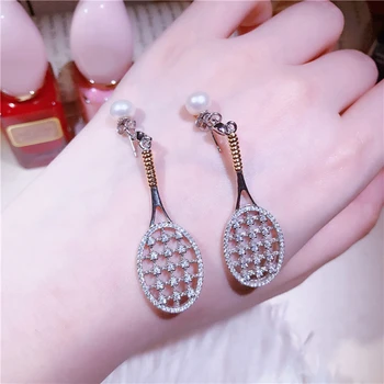 

2018 fashion elegant S925 sterling silver badminton racket pearl earrings micro inlay zircon summer women's jewelry accessories