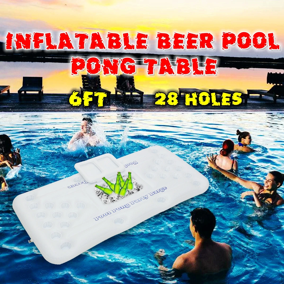 

2018 New Summer Water Party Fun Air Mattress Ice Bucket Cooler 170cm 6inch 28 Cup Holder Inflatable Beer Pong Table Pool Float