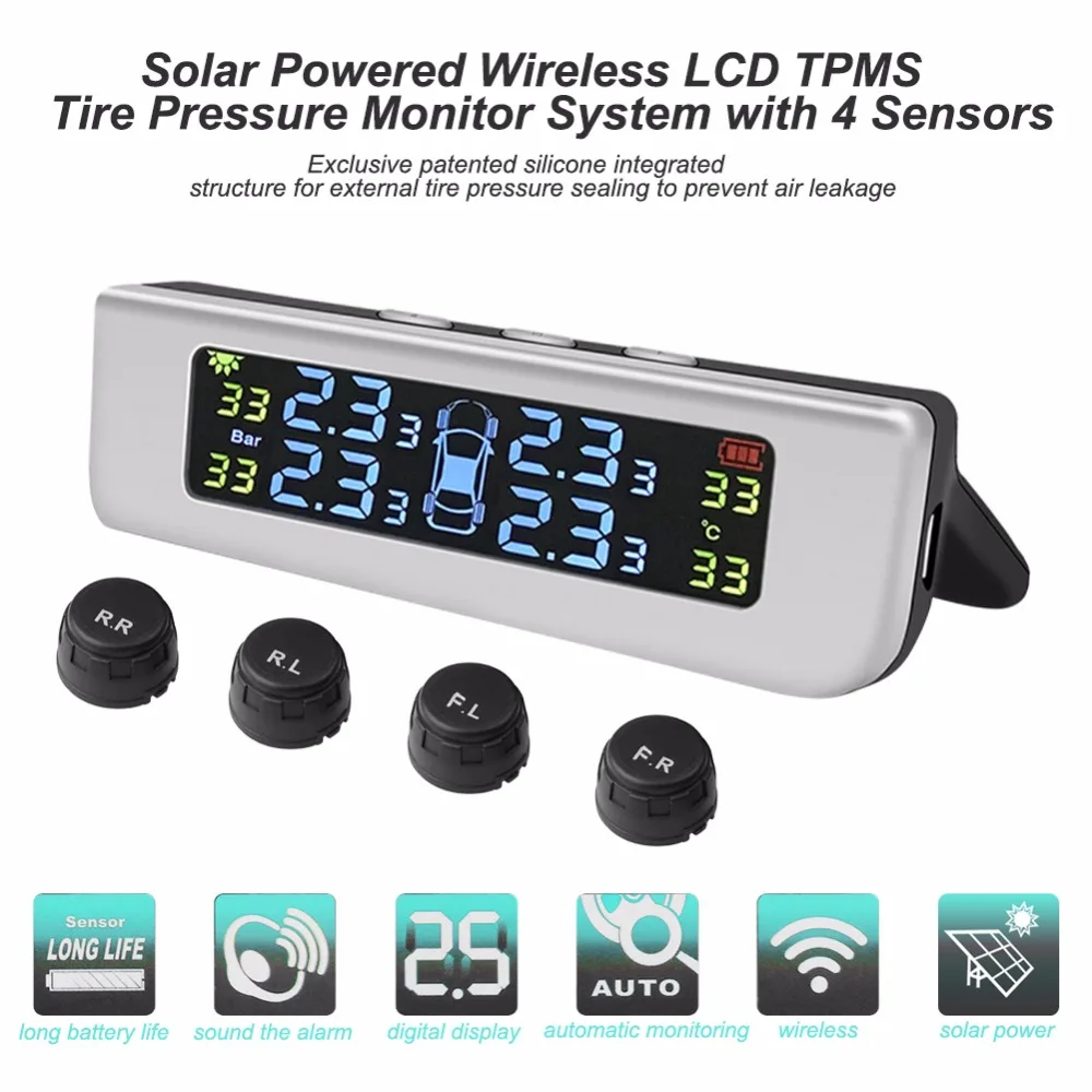 

Smart Car TPMS Tire Pressure Monitoring System Solar Power Charging LCD Digital Display Auto Tyre Security Alarm Systems