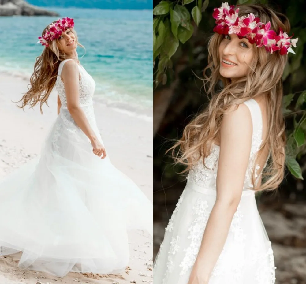 

2020 new bobo beach wedding dress vestido de festa appliques backless wedding gowns sweep train bridal dress robe de mariage