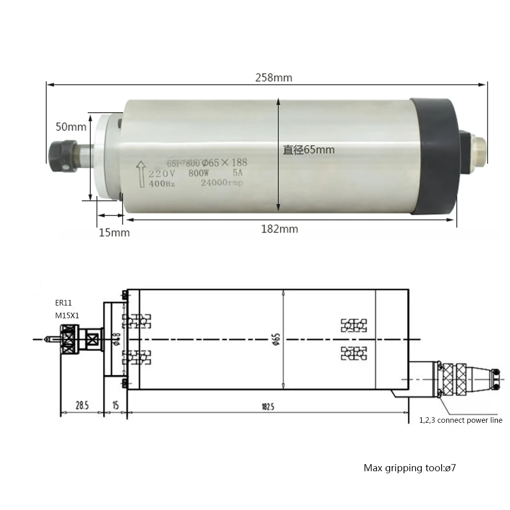 CNC Комплект шпинделя 0.8KW 220V 5A 65*188mm 0.33NM 400HZ высокоскоростной мотор шпинделя+ 1.5KW VFD+ ER11 собирает для деревообработки гравировки