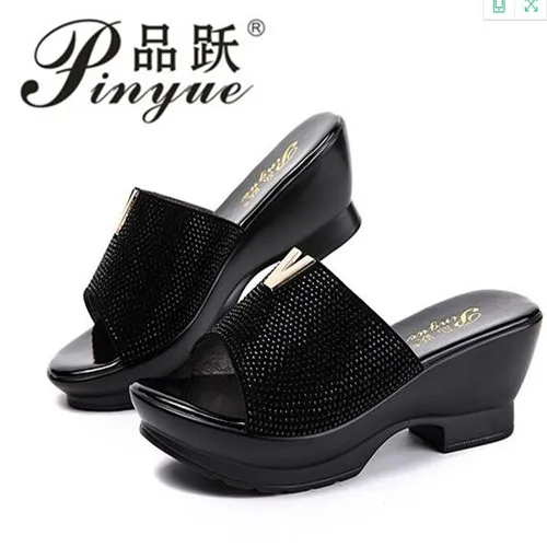

summer platform slippers rhinestone soft surface thick heel shoes mother women's genuine leather breathable sandals