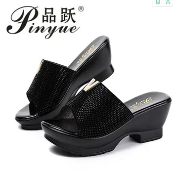 

summer platform slippers rhinestone soft surface thick heel shoes mother women's genuine leather breathable sandals