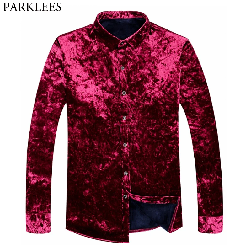 Red Velvet Velour Winter Shirts Men 2018 Brand New Slim Fit Long Sleeve