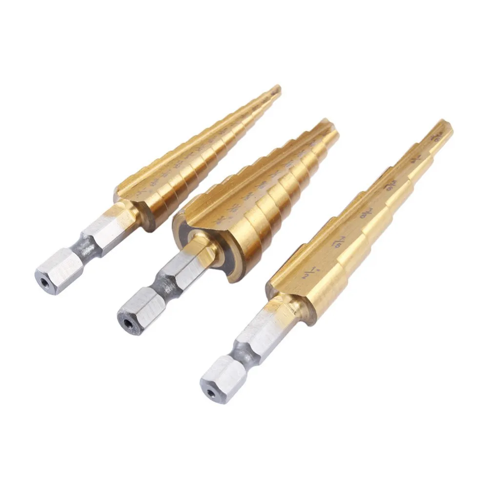 

3 Pcs/set Large HSS Step Titanium Cone Drill Hole Cutter Bit Set Tool 3/16-1/2,1/4-3/4.1/8-1/2