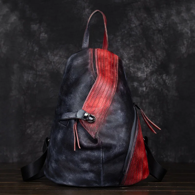 Мужской женский рюкзак из натуральной кожи, рюкзак, первый слой из воловьей кожи, Лоскутная цветная дорожная сумка, винтажный рюкзак - Цвет: Red Black