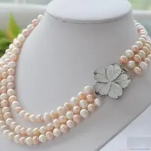 3 ряда 8-9 ММ AKOYA белое ожерелье из розового жемчуга цветок-застежка слово оптом mujer для женщин серебро-ювелирные изделия
