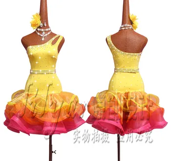 

Rhinestones Latin Dance Dress Women High Qaulity Custom Made Tango Rumba Samba Cha-cha Clothing Kids Dresses For Girls Yellow