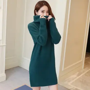 

2019 Autumn Winter Women Warm Turtleneck Slim Knitted Sweater Dress Female Faux Mink Casual Tricot Pullovers Dress Knitwear K120