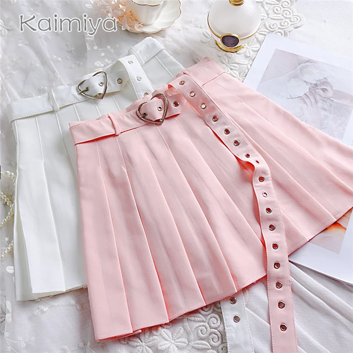 New Summer Women Pleated Skirt High Waisted Heart Shape Sashes Women Pleated Short Skirt High Quality